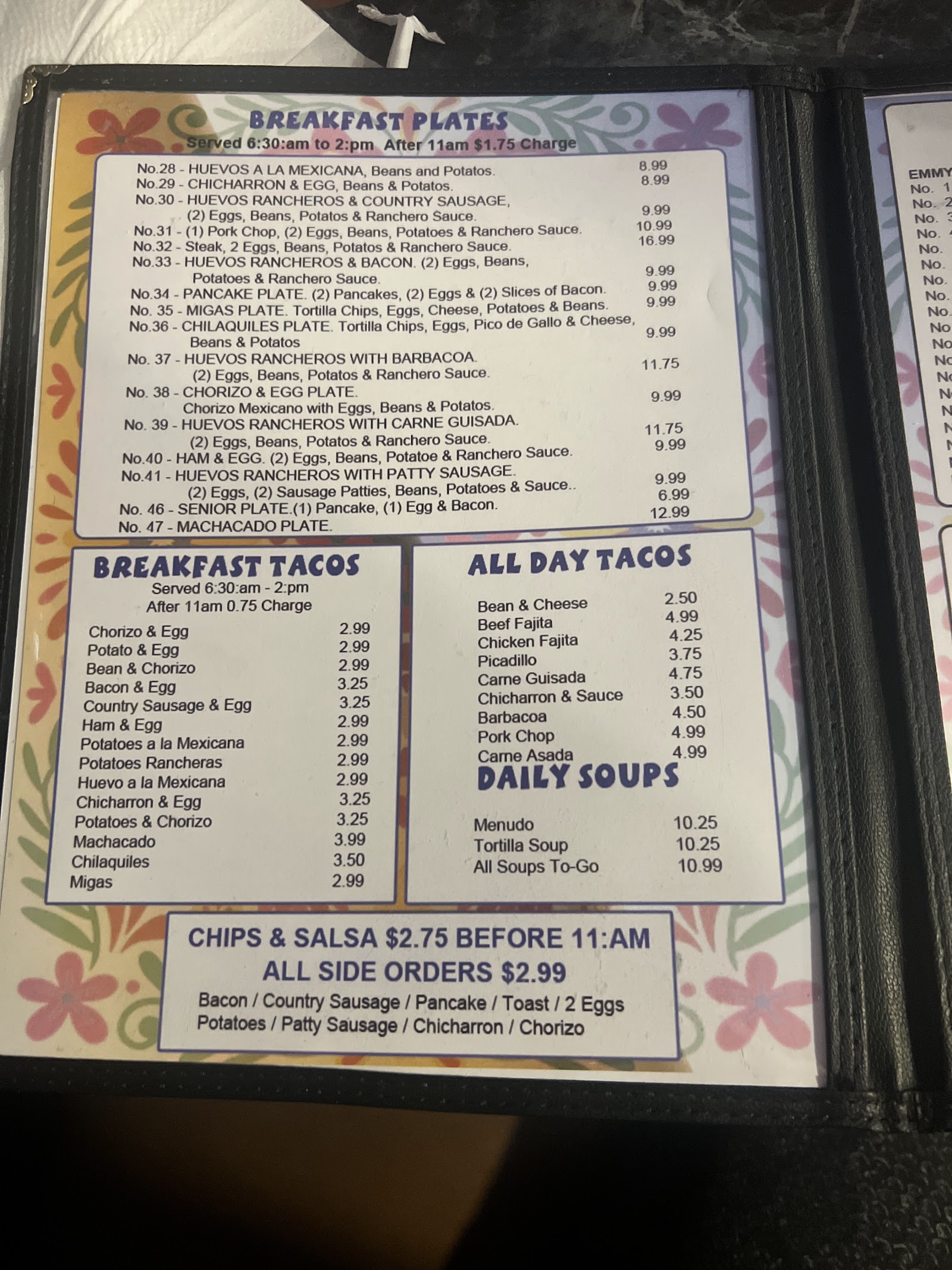 Photo of Emmy's Tex Mex breakfast plates and breakfast taco menu board