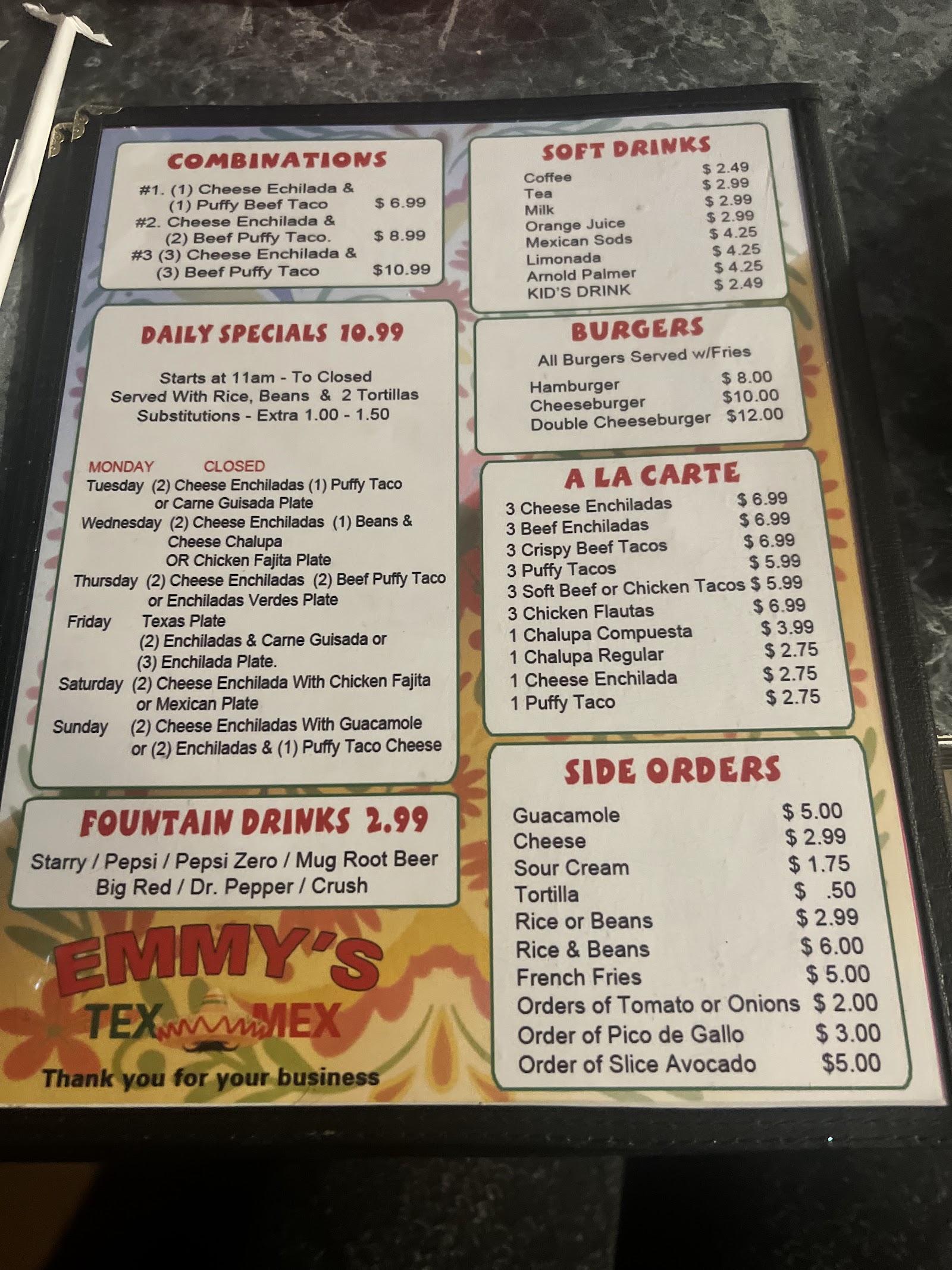 Photo of Emmy's Tex Mex combinations, a la carte, and daily specials menu board